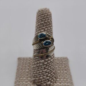 Size 8 Sterling Silver Aquamarine Gems Brass Accent Ring A3196